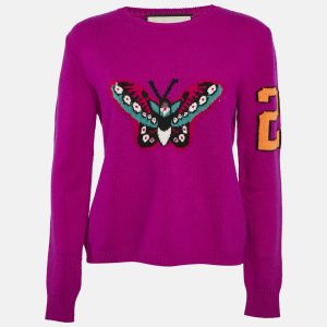 Gucci Purple Floral-Butterfly Intarsia Wool Sweater M, Sweaters & Cardigans - Luxury Closet catalog