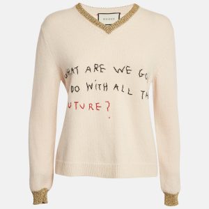 Gucci Beige Embroidered Lurex Trim Wool Knit V-Neck Sweater S, Sweaters & Cardigans - Luxury Closet catalog