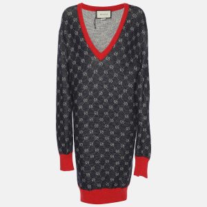 Gucci Bicolor Logo Patterned Knit Contrast Trim Sweater Dress S, Sweaters & Cardigans - Luxury Closet catalog