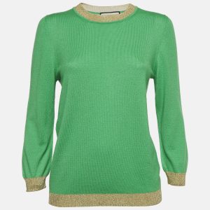Gucci Green Lurex Trim Cashmere Knit Long Sleeve Top L, Sweaters & Cardigans - Luxury Closet catalog