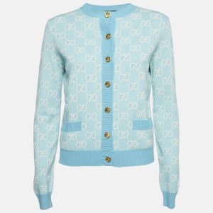 Gucci Blue Monogram Jacquard Cotton and Wool Knit Button Front Cardigan XS, Sweaters & Cardigans - Luxury Closet catalog
