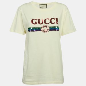 Gucci Light Yellow Logo Embroidered Cotton Oversized T-Shirt XS, Shirts & Tops - Luxury Closet catalog