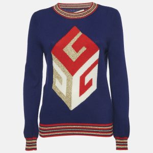 Gucci Navy Blue Intarsia Cube Lurex Wool Blend Knit Long Sleeve Sweater M, Sweaters & Cardigans - Luxury Closet catalog