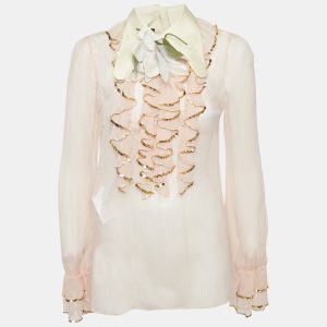 Gucci Pink Sequin Ruffled Silk Floral Detail Sheer Shirt M, Shirts & Tops - Luxury Closet catalog