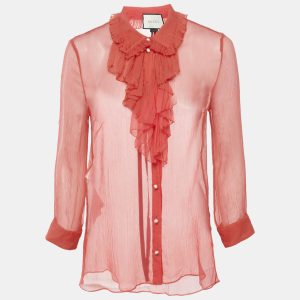 Gucci Pink Silk Chiffon Ruffle Neck Detail Button Front Sheer Top M, Shirts & Tops - Luxury Closet catalog