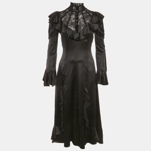 Gucci Black Lace Trim Satin Ruffled Midi Dress S, Dresses - Luxury Closet catalog
