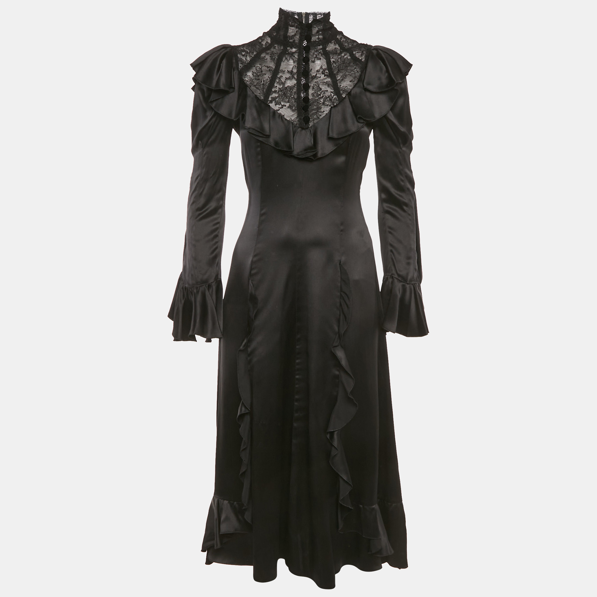 Gucci Black Lace Trim Satin Ruffled Midi Dress S, Dresses - Luxury Closet catalog