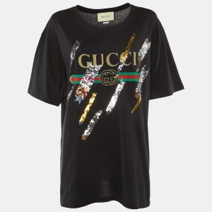 Gucci Black Logo Printed Cotton Knit Sequin Embellished T-Shirt XL, Shirts & Tops - Luxury Closet catalog