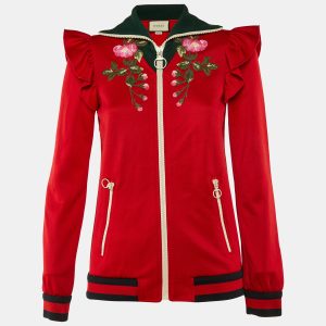 Gucci Red Cotton Blend Knit Floral Patch Detail Zip-Up Jacket S, Coats & Jackets - Luxury Closet catalog