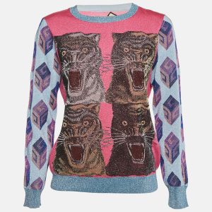 Gucci Pink/Blue Tiger Intarsia Lam&eacute; Knit Crew Neck Pullover XL, Sweaters & Cardigans - Luxury Closet catalog