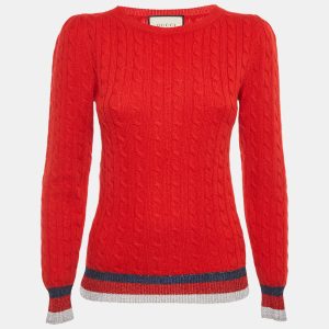 Gucci Red Lam&eacute; Trim Cable Knit Crewneck Sweater M, Sweaters & Cardigans - Luxury Closet catalog