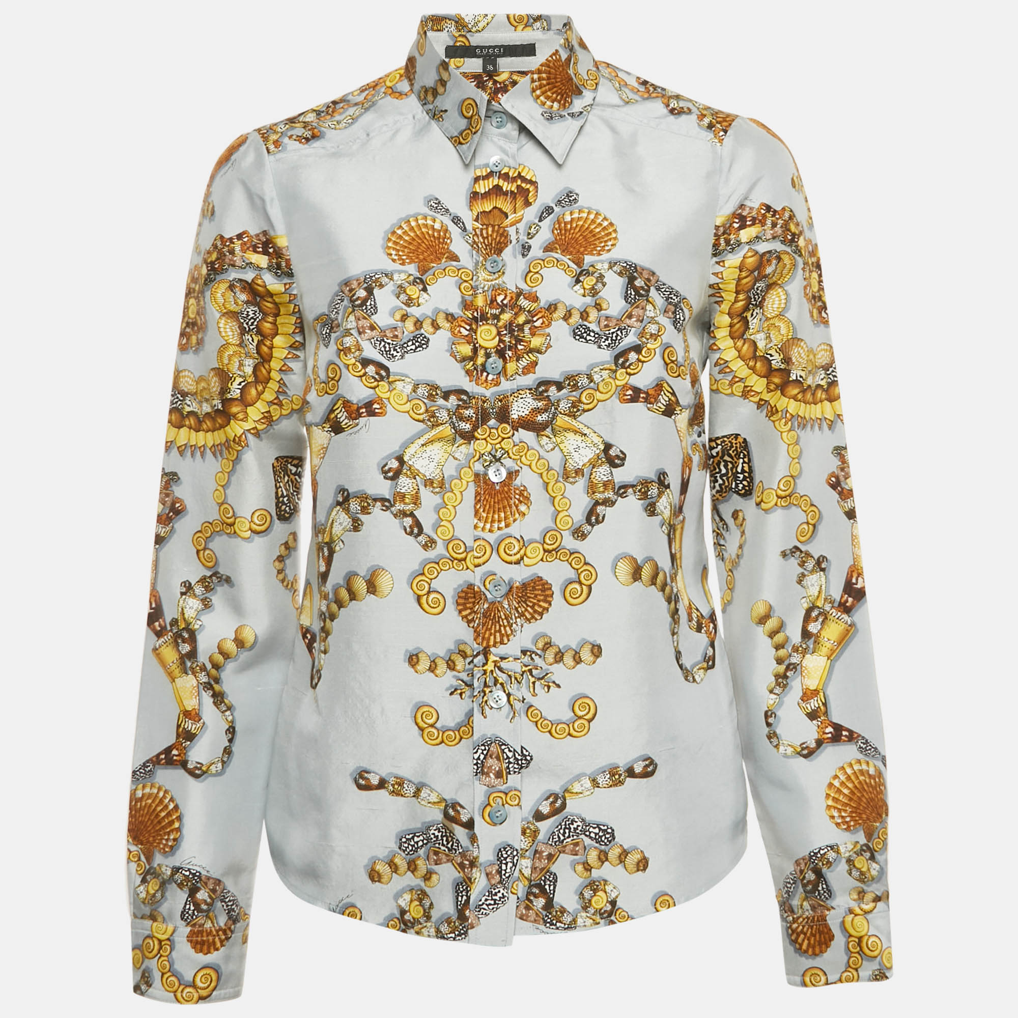 Gucci Blue Shell Print Silk Button Front Shirt S, Shirts & Tops - Luxury Closet catalog