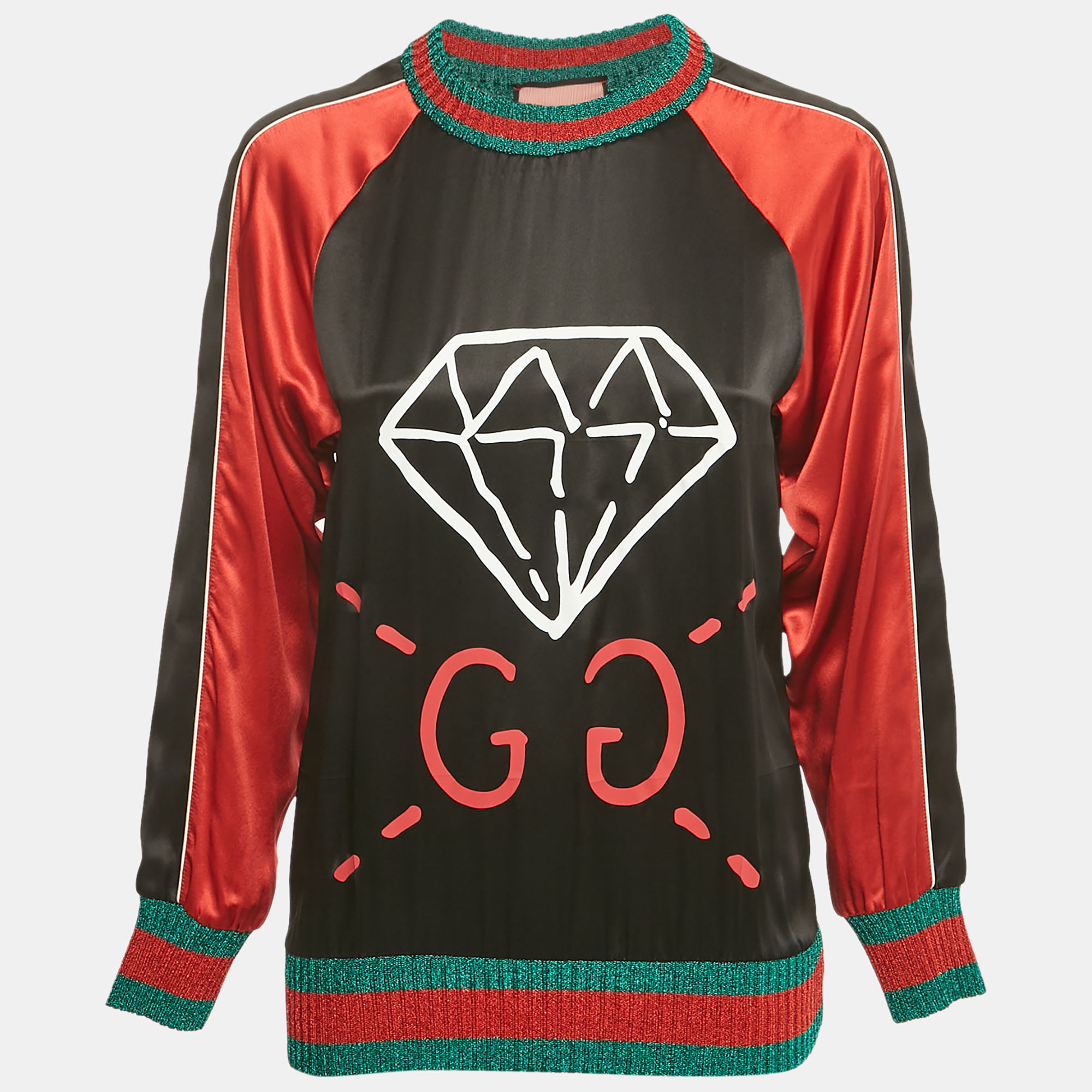 Gucci Black /Red Ghost Diamond Print Silk & Lamé Web Trim Top S, Shirts & Tops - Luxury Closet catalog