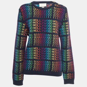 Gucci Navy Blue Multicolor Hollywood Patterned Wool Sweater M, Sweaters & Cardigans - Luxury Closet catalog