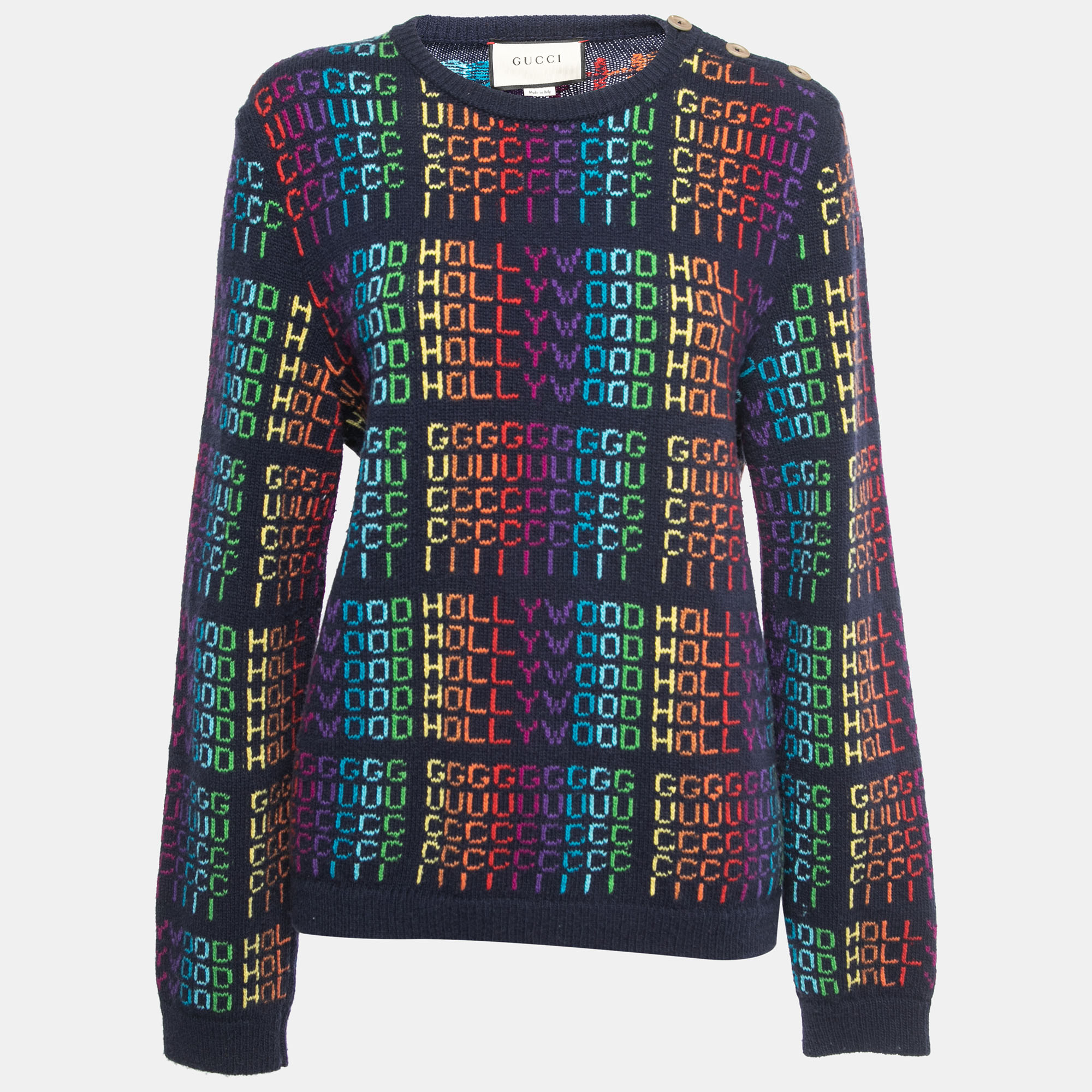 Gucci Navy Blue Multicolor Hollywood Patterned Wool Sweater M, Sweaters & Cardigans - Luxury Closet catalog