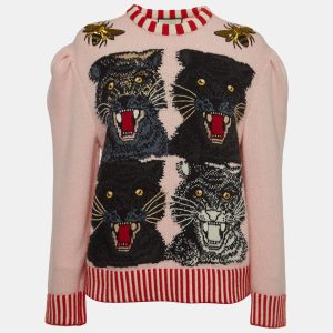 Gucci Pink Wool Tiger Intarsia Embellished Sweater M, Sweaters & Cardigans - Luxury Closet catalog
