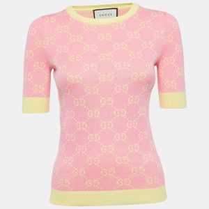 Gucci Pink/Yellow Logo Jacquard Knit Top XXS, Sweaters & Cardigans - Luxury Closet catalog