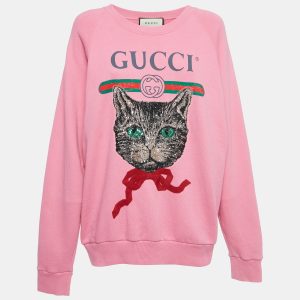 Gucci Pink Mystic Cat Logo Print Cotton Sweatshirt M, Sweaters & Cardigans - Luxury Closet catalog