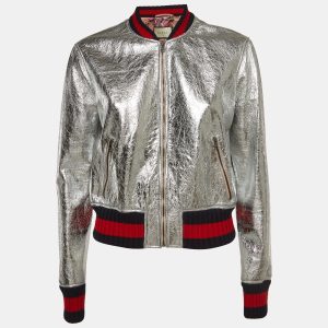 Gucci Silver Metallic Crinkle Leather Bomber Jacket L, Coats & Jackets - Luxury Closet catalog