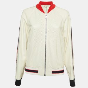 Gucci Cream Logo Print Leather Perforated Detail Bomber Jacket L, Coats & Jackets - Luxury Closet catalog