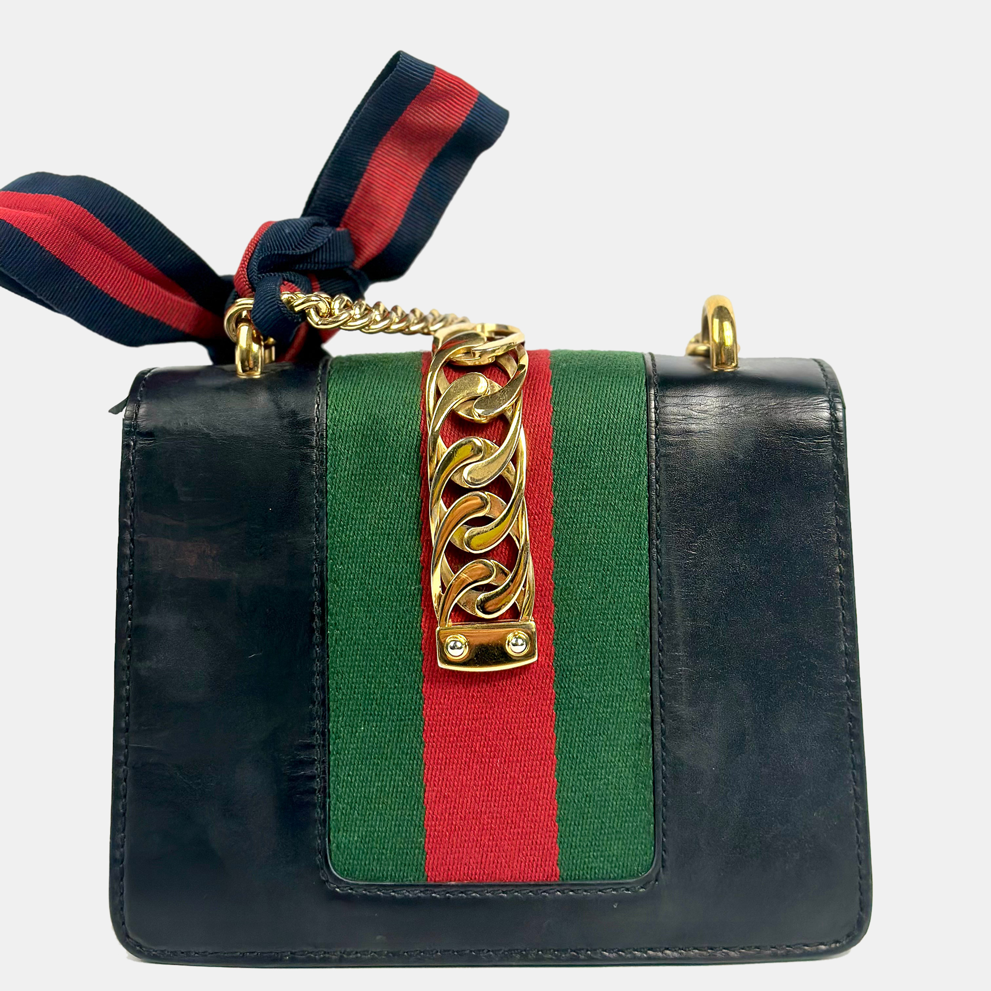 Gucci Navy Leather Sylvie Flap Chain Bag, Shoulder Bags - Luxury Closet catalog
