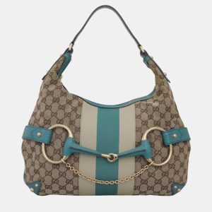 Gucci Blue, Brown Leather, Canvas Oversized Horsebit Hobo Bag, Shoulder Bags - Luxury Closet catalog