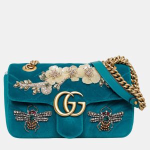 Gucci Teal Velvet Mini Velvet Embroidered GG Marmont Flap Bag, Shoulder Bags - Luxury Closet catalog