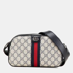 Gucci Beige Black Small GG Supreme Textured Dollar Calfskin Web Ophidia Camera Bag, Shoulder Bags - Luxury Closet catalog
