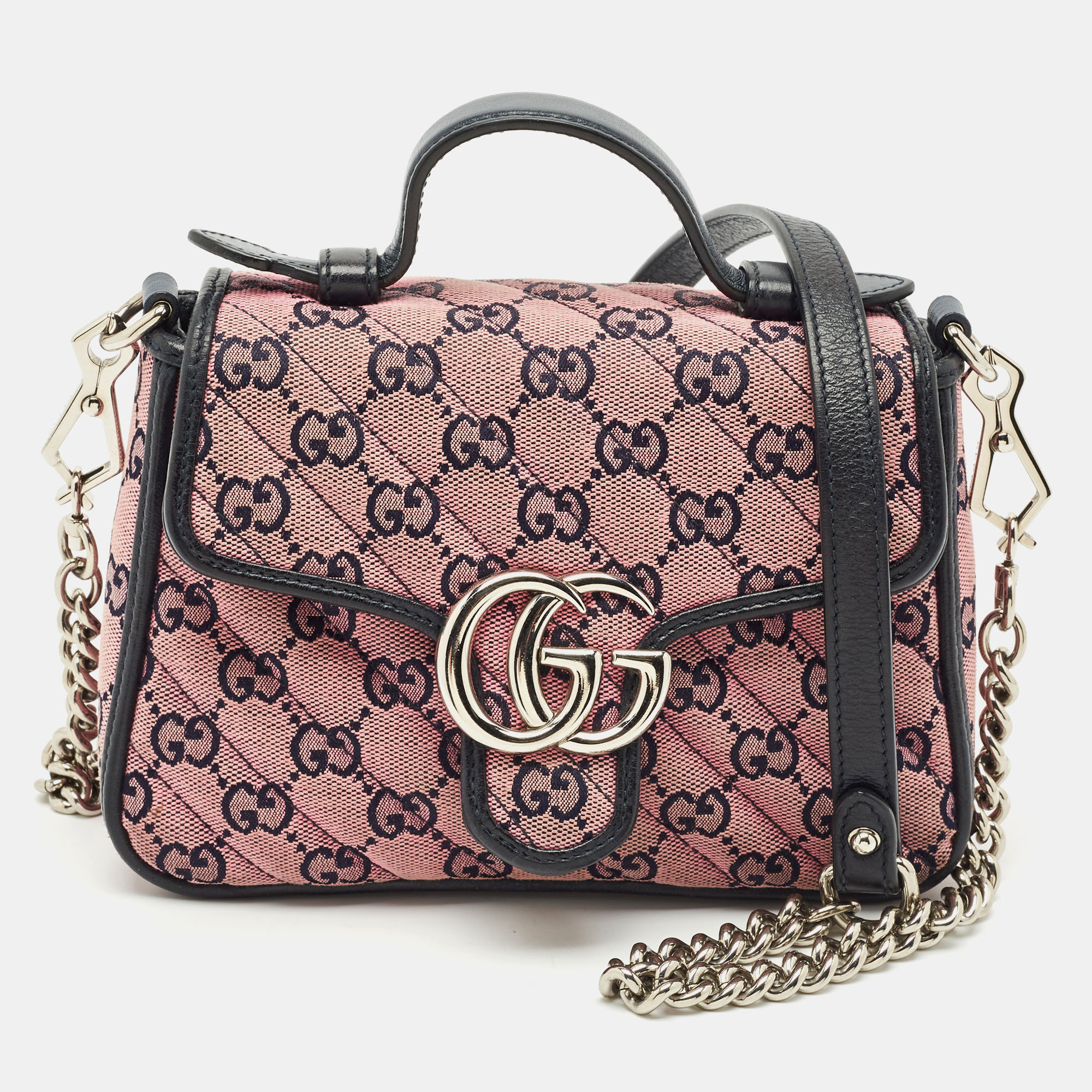 Gucci Pink/Navy Blue Diagonal Matelassé GG Canvas Mini GG Marmont Top Handle Bag, Satchels - Luxury Closet catalog