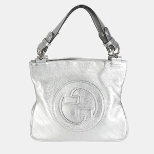 Gucci Silver Metallic Sakai Diagonal Stitched Calfskin Small Blondie Tote bag, Handbags - Luxury Closet catalog