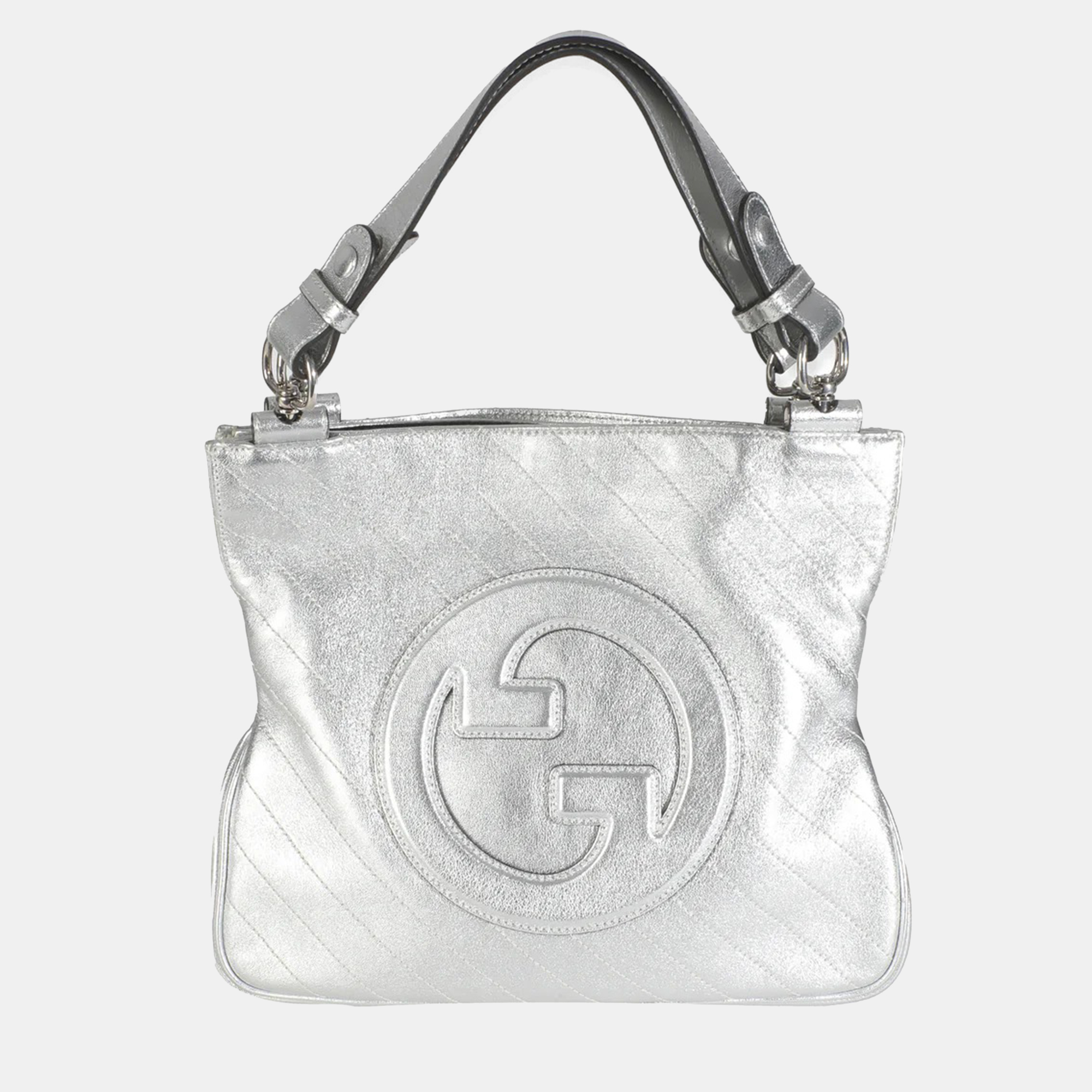 Gucci Silver Metallic Sakai Diagonal Stitched Calfskin Small Blondie Tote bag, Handbags - Luxury Closet catalog