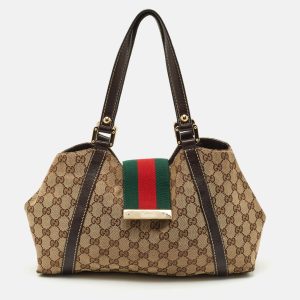 Gucci Beige/Dark Brown GG Canvas and Leather New Ladies Web Tote, Tote Handbags - Luxury Closet catalog