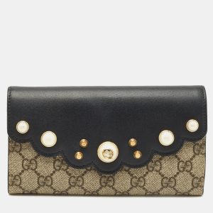 Gucci Black/Beige Leather and GG Supreme Canvas Peony Pearly Continental Wallet, Wallets & Money Clips - Luxury Closet catalog