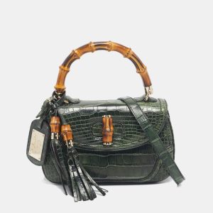 Gucci Green Alligator Medium Tassel New Bamboo Top Handle Bag, Satchels - Luxury Closet catalog