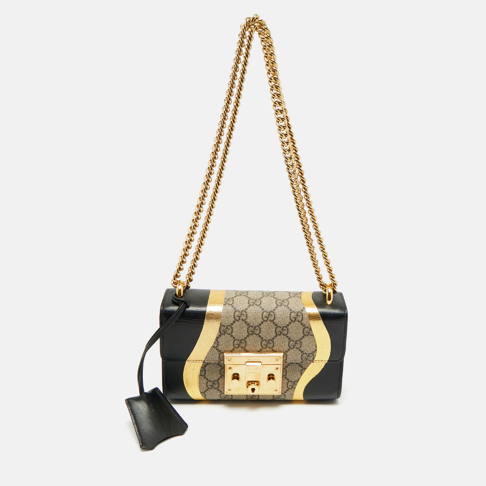 Gucci Black/Gold GG Supreme Canvas and Leather Small Padlock Shoulder Bag, Shoulder Bags - Luxury Closet catalog