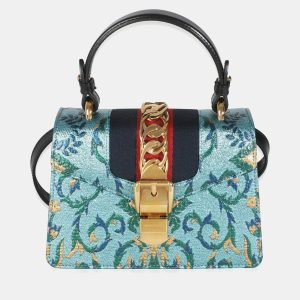 Gucci Blue Iridescent Embroidered Brocade Mini Sylvie Top Handle Bag, Satchels - Luxury Closet catalog