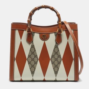 Gucci Brown/White Rhombus Print Leather Medium Diana Tote, Tote Handbags - Luxury Closet catalog