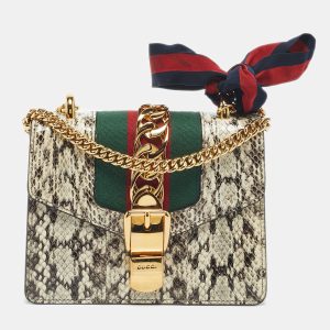 Gucci Black/White Watersnake Leather Mini Web Chain Sylvie Shoulder Bag, Shoulder Bags - Luxury Closet catalog