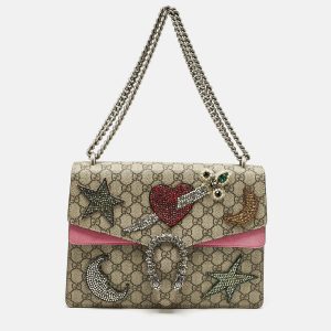 Gucci Pink/Beige GG Supreme Canvas and Suede Medium Crystals Embellished Dionysus Shoulder Bag, Shoulder Bags - Luxury Closet catalog