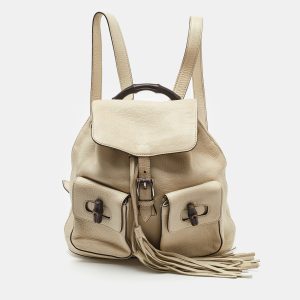 Gucci Off White Pebbled Leather GG Bamboo Tassel Backpack, Backpacks - Luxury Closet catalog