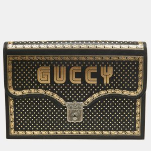 Gucci Black/Gold Leather Printed GUCCY Portfolio Clutch, Clutches & Special Occasion Bags - Luxury Closet catalog