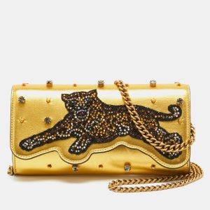 Gucci Gold Leather Embroidered Tiger Crystal Studded Chain Clutch, Clutches & Special Occasion Bags - Luxury Closet catalog