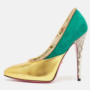 Gucci Gold/Green Suede and Leather Crystal Embellished Pumps Size 37, Pumps - Luxury Closet catalog