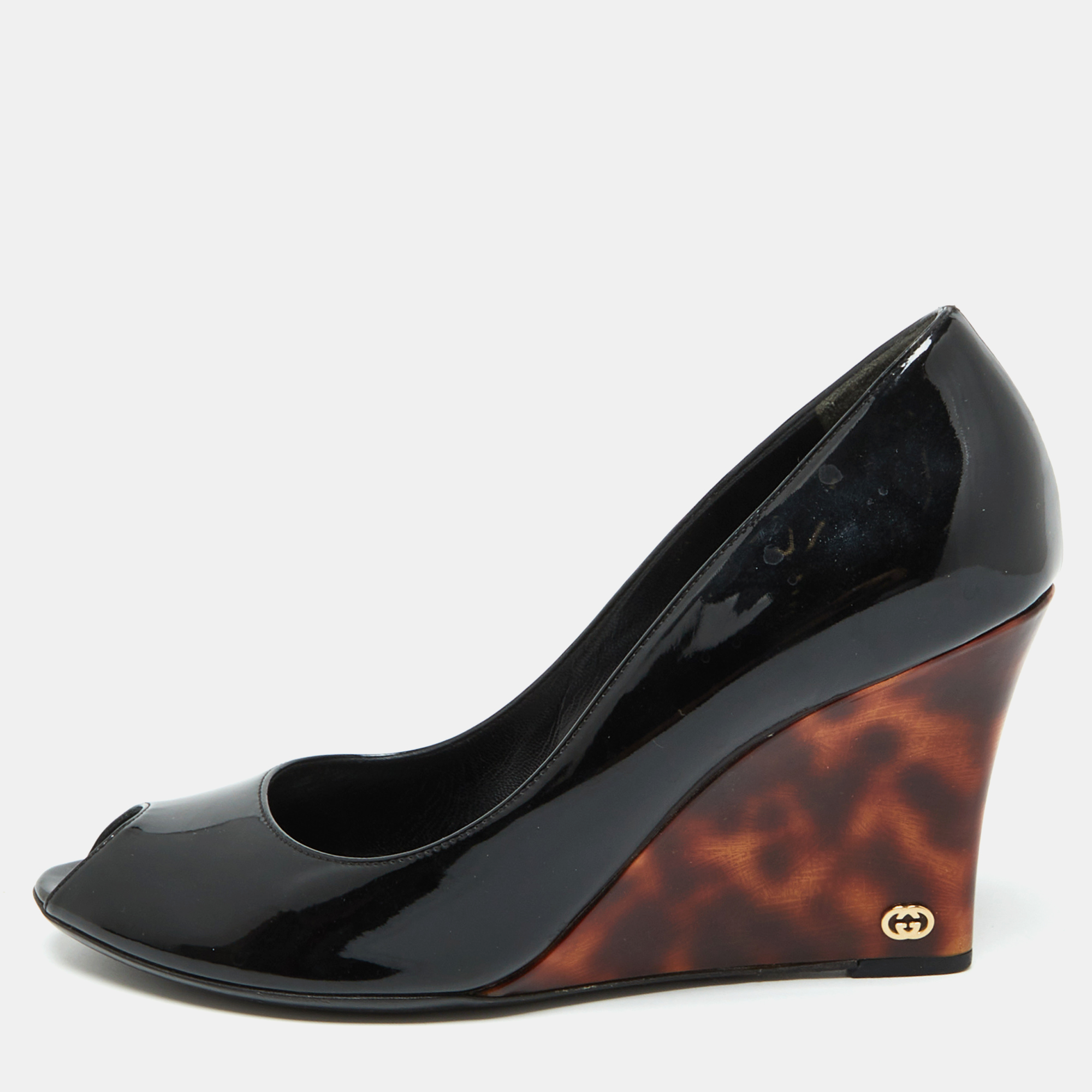 Gucci Black Patent Leather Interlocking G Peep Toe Wedge Pumps Size 40, Pumps - Luxury Closet catalog
