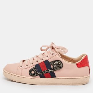 Gucci Pink Leather Crystal Embellished 'Safety Pin' Ace Low Top Sneakers Size 35, Athletic Shoes & Sneakers - Luxury Closet catalog