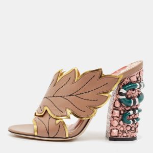 Gucci Beige Leather Leaves Crossover Embellished Heel Peep Toe Mules Size 37.5, Sandals - Luxury Closet catalog