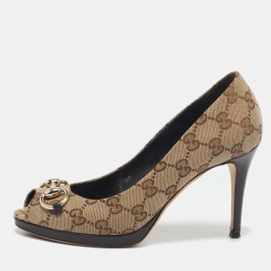 Gucci Beige/Brown GG Canvas Hollywood Horsebit Peep Toe Pumps Size 36.5, Pumps - Luxury Closet catalog