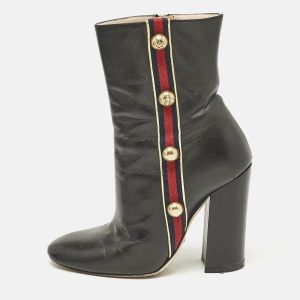 Gucci Black Leather Carly Malaga Studded Web Detail Block Heel Ankle Boots Size 37.5, Boots - Luxury Closet catalog