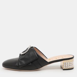 Gucci Black Leather Crystal Bow Embellished Mules Size 38.5, Sandals - Luxury Closet catalog