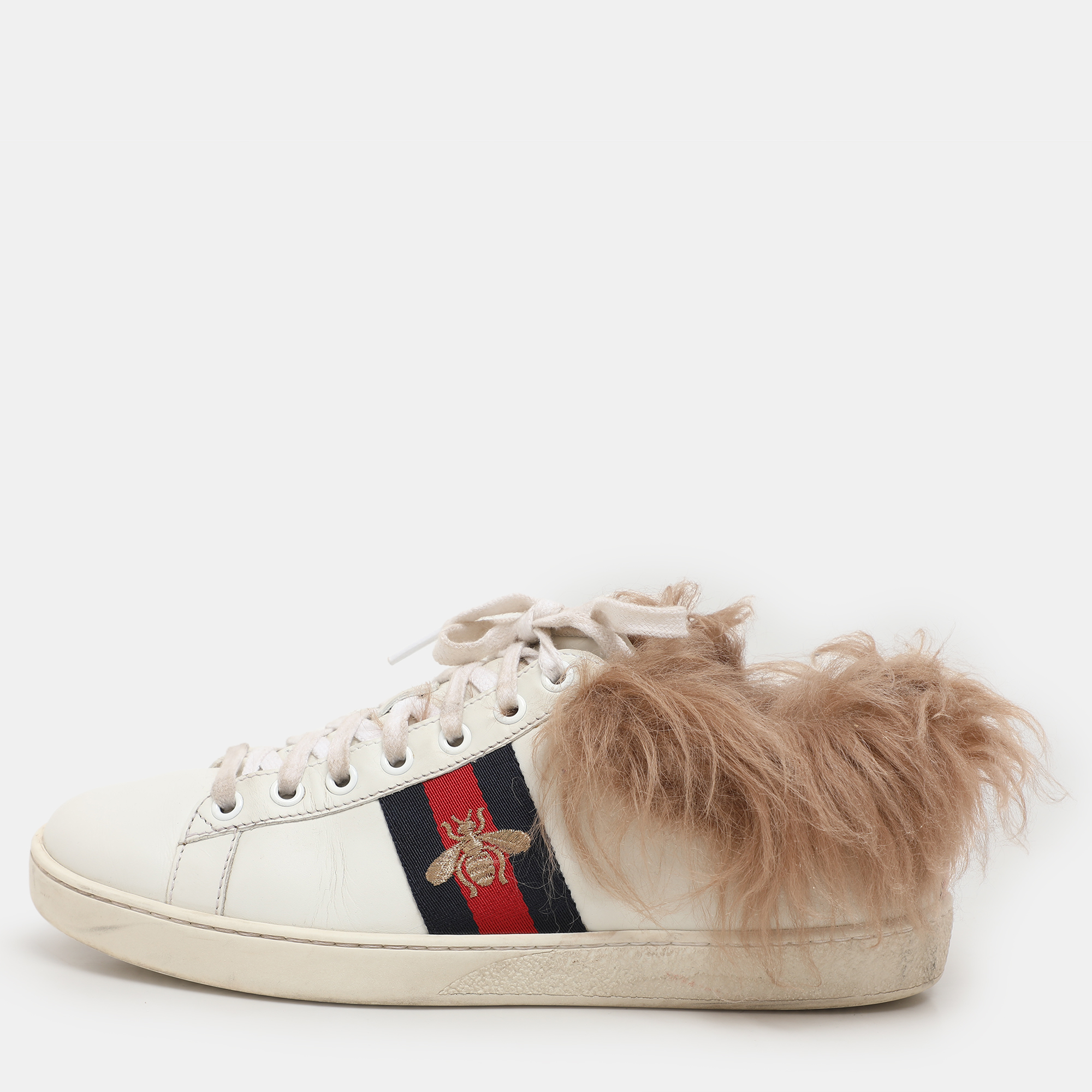 Gucci White Leather Fur Lined Bee Embroidered Web Ace Low Top Sneakers Size 37.5, Athletic Shoes & Sneakers - Luxury Closet catalog